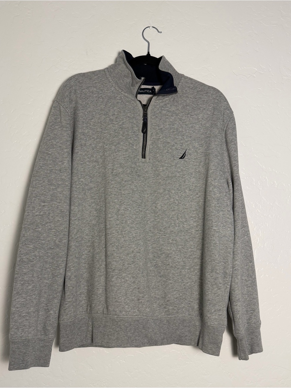 Nautica Mens Large Pullover Fleece Sweater NavTech Light Gray/Navy Quarter-Zip